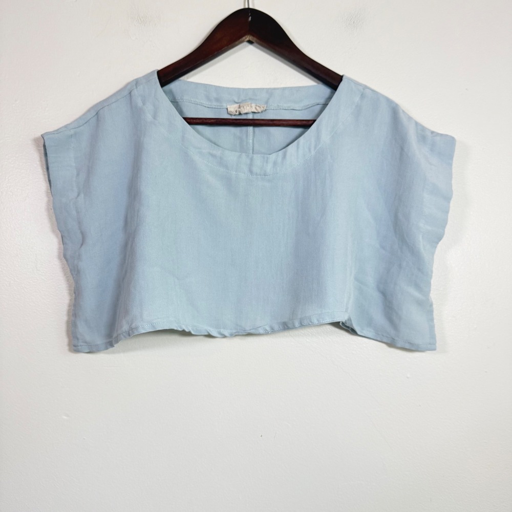 Mable MST7207D Boxy Linen Look Crop Top Size Medium Light Blue